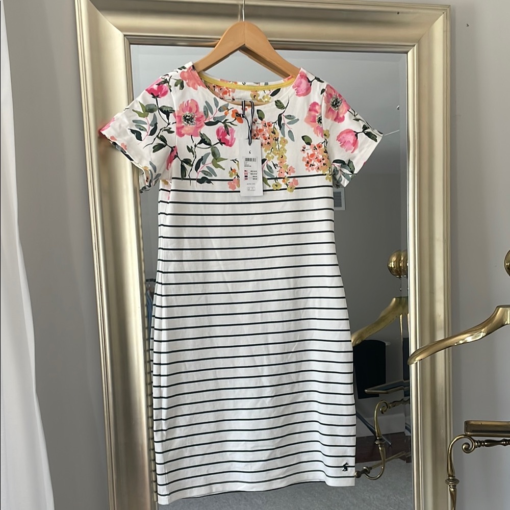 Joules Pink and Green Mini Dress with Short Raglan Sleeves and Crew Neck